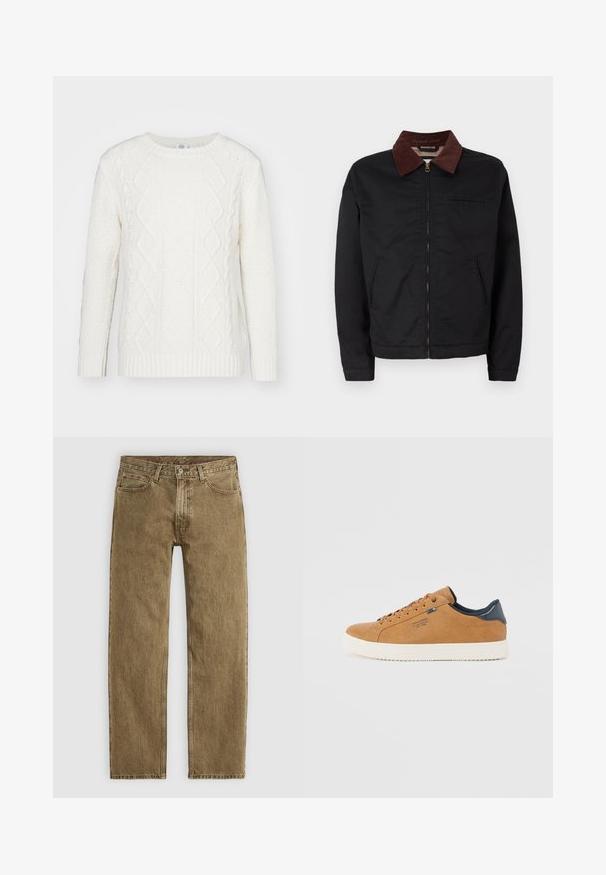 Must must ülikond, millel on pruun puuvillane krae, kaks eesmist taskut ja üks rinnatasku, esitletud tavalise valge tausta taustal.; Valge kudum, millel on klassikaline ribidega ümmargune kaelus, tekstuuriga pinnad ja nööridega mustrid ees ja varrukatel.; Soehised pruunid denimpüksid sirge jala disainiga, viie tasku stiiliga ja vasktooni riistvara. Tekstureeritud kangas, millel on nähtavad õmbluse detailid.; Pruun nahk-sneaker valgete kummist tallaga, ringsete paeltega, sinise aktsendiga ja siledast tekstuurist. Lihtne, madala profiiliga disain.