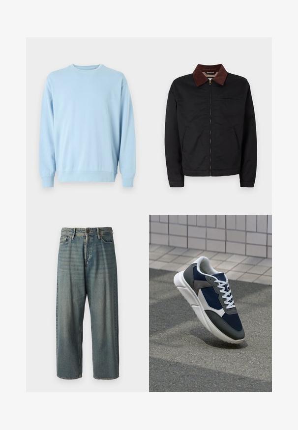 Black zip-up jacket with brown corduroy collar, two front pockets, and one chest pocket, displayed on a plain white background.; Light blue sweatshirt with long sleeves, crew neckline, soft fabric, ribbed cuffs and hem, featuring a simple, unembellished design.; Light blue denim jeans with a loose fit, mid-rise waist, and straight legs. Features five pockets, belt loops, and a button closure.; Sneaker featuring a navy blue mesh upper, gray suede accents, white rubber sole, and flat white laces, designed for comfort and breathability.