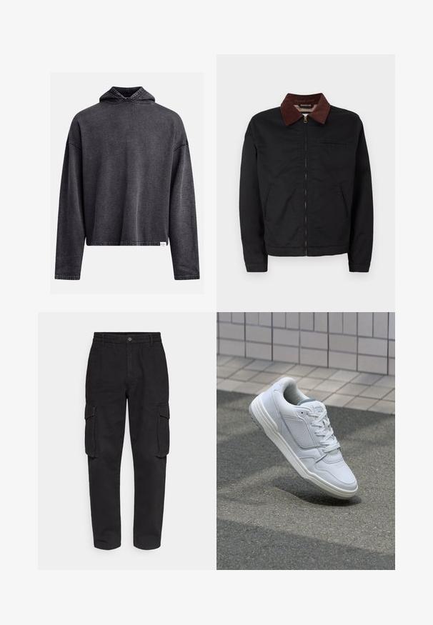 Juodas užtrauktukas striukė su rudų kordūro apykakle, dviem priekinėm kišenėm ir viena krūtinės kišene, pristatyta ant paprasto balto fono.; Juodas trumpas džemperis iš minkštos, struktūrizuotos medžiagos. Su raišteliu reguliuojama kapuota, ilgomis rankovėmis ir matomomis siūlėmis palei kraštus.; Juodi cargo kelnės su elastinga juosmena, mygtuko uždarymu ir dviem šoninėmis kišenėmis. Pagamintos iš tvirto, lygaus paviršiaus medžiagos.; Baltos odinės sportinės bateliai su perforuotais šonais, tekstūruotais akcentais, plokščiomis raištelėmis ir kontrastingu pilku kulnu. Yra šiek tiek pakelti padas.