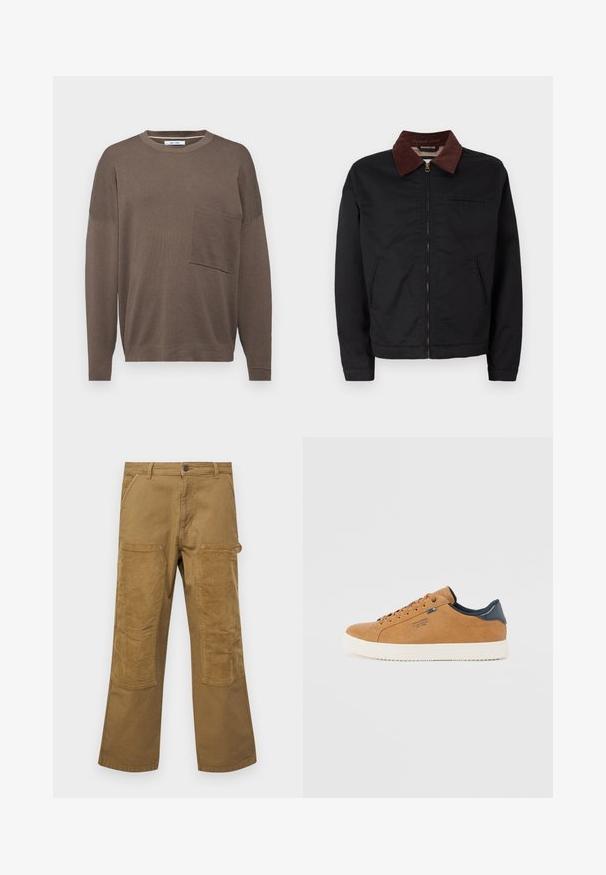 Chaqueta negra con cremallera y cuello de pana marrón, con dos bolsillos frontales y un bolsillo en el pecho, exhibida sobre un fondo blanco liso.; Suéter marrón de manga larga con cuello redondo, que presenta un bolsillo frontal y un diseño de punto texturizado. El ajuste es relajado y las mangas están ligeramente caídas.; Pantalones cargo de algodón marrón con parches de tejido acanalado en contraste, corte recto, cinco bolsillos y cierre de botón.; Zapatilla de cuero marrón con una suela de goma blanca, con cordones redondos, un acento azul y una textura suave. Diseño simple y de perfil bajo.