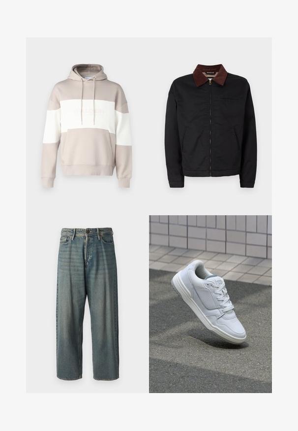 Svart zip-up jakke med brun kordfløyelskrage, to frontlommer og en brystlomme, vist mot en enkel hvit bakgrunn.; Hettegenser i beige med hvite horisontale striper. Har en lomme foran og snøring, laget av myk bomullsblanding.; Lyseblå denimjeans med løs passform, midjehøyde og rette ben. Har fem lommer, beltehemper og knappelukking.; Hvite lær sneakers med perforerte sider, teksturerte detaljer, flate lisser og en kontrasterende grå hæl. Har en lite hevet såle.