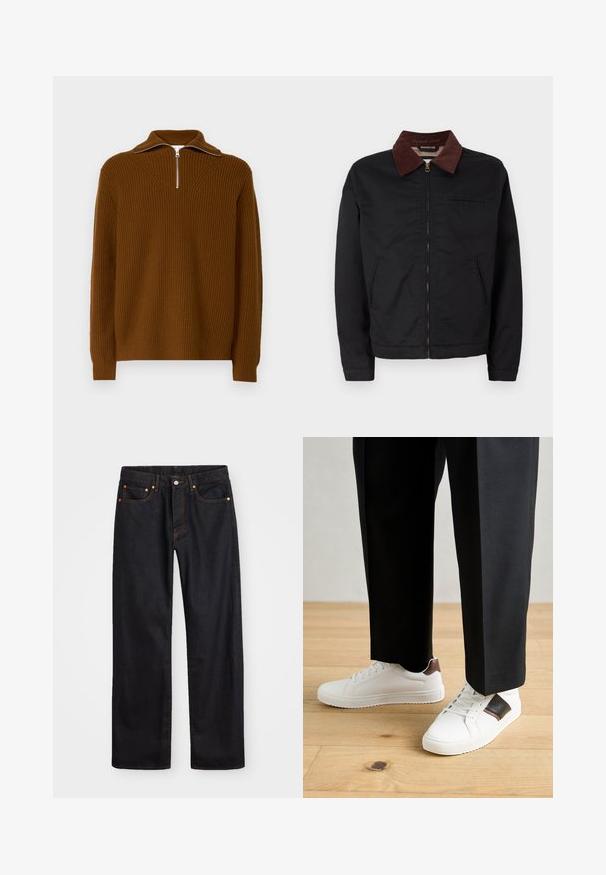 Melnas zip-up jaka ar brūnu korduroja apkakli, divām priekšējām kabatām un vienu krūšu kabatu, izvietota uz vienkārša balta fona.; Brūns ribots džemperis ar augstu apkakli un pus-zipu, teksturētu adījumu un garām piedurknēm ar ribotām aprocēm.; Vīriešu taisno kāju melnie džinsi ar piecām kabatām un oranžu izšuvumu, ar pogu un zipa aizdari priekšējā jostas daļā.; Baltā pārsoļa apavi ar gludu tekstūru, papildināti ar brūniem ādas akcentiem un melniem elementiem, savienoti ar melnām pielāgotām biksēm. Koka grīdas fons.