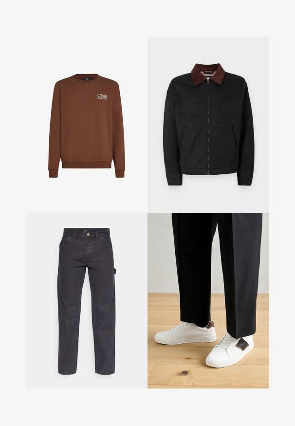 Schwarze Zip-Jacke mit braunem Cordkragen, zwei vorderen Taschen und einer Brusttasche, auf einem schlichten weißen Hintergrund präsentiert.; Brauner Sweatshirt mit langen Ärmeln und geripptem Rundhalsausschnitt. Mit weißem, gesticktem Logo auf der linken Brust. Weicher Stoff mit glatter Textur.; Dunkelgraue Cargo-Hosen aus strapazierfähigem Stoff, mit geradem Bein, fünf Taschen und einem Knopfverschluss an der Taille.; Weiße Sneakers mit glatter Textur, versehen mit braunen Lederakzenten und schwarzen Details, kombiniert mit schwarzen maßgeschneiderten Hosen. Hintergrund aus Holzboden.