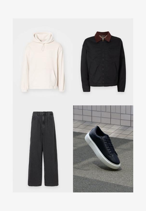 Sort lynlåsjakke med brunt corduroy-krave, to frontlommer og en brystlomme, vist på en ensfarvet hvid baggrund.; Lyse beige hoodie lavet af blødt fleece-materiale. Har en hætte med snøre, en frontlomme, ribbede håndledder og minimal logo-detalje.; Bredde ben, høj talje sorte denimbukser med frontknap og lynlås, der har sidelommer og en glat overflade.; Sort lædersneaker med rund tå og hvid gummisål. Har flade snørebånd og minimal syning på overdelen. Tekstureret sål for bedre greb.