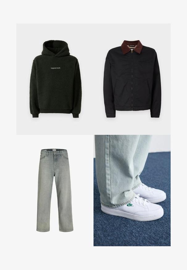 Jaqueta preta com fecho éclair, colarinho de veludo cotelê castanho, dois bolsos frontais e um bolso no peito, exibida sobre um fundo branco liso.; Moletom de lã preto com acabamento texturizado, apresentando um bolso canguru frontal e um logótipo no peito. Design com capuz e punhos elásticos.; Jeans soltos de cor cinza claro feitos de denim. Apresentam um design clássico de cinco bolsos, passadores para cinto e uma silhueta de perna reta.; Tênis de couro brancos com logo verde da Nike, bico redondo, sola plana, combinados com calças de denim azul claro, exibidos sobre um tapete azul.