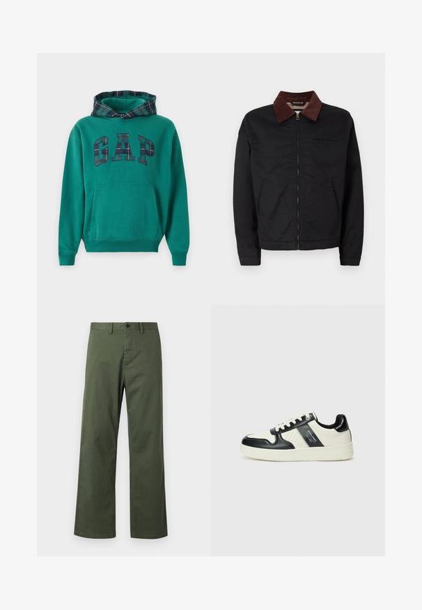 Giacca nera con zip, colletto in corduroy marrone, due tasche anteriori e una tasca sul petto, esibita su uno sfondo bianco semplice.; Felpa verde con cappuccio foderato in tartan, caratterizzata da un grande logo "GAP" in un motivo a quadri. Include una tasca frontale e polsini a costine.; Pantaloni a gamba larga verdi realizzati in tessuto misto cotone, con chiusura a bottoni, passanti per cintura e una sottile texture verticale.; Sneakers in pelle con una combinazione di colori nero e crema, dotati di dettagli perforati, collare imbottito e suola testurizzata.