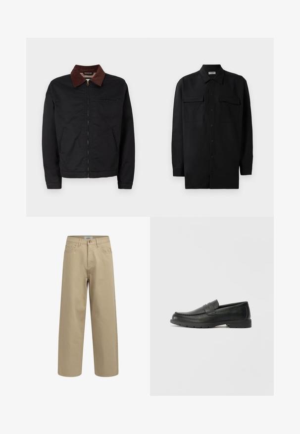 Giacca nera con zip, colletto in corduroy marrone, due tasche anteriori e una tasca sul petto, esibita su uno sfondo bianco semplice.; Camicia nera con bottoni realizzata in tessuto morbido, dotata di colletto classico, due tasche frontali e maniche lunghe con polsini a bottone.; Pantaloni larghi color beige realizzati in tessuto di cotone. Presentano una chiusura con bottone, passanti per cintura e tasche frontali. Tessuto liscio senza motivi visibili.; Mocassini neri in pelle con una finitura liscia, parte superiore in stile mocassino, dettagli cuciti e suola in gomma. Design classico con tacco basso.