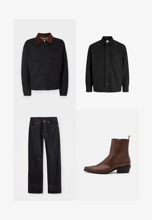 Melnas zip-up jaka ar brūnu korduroja apkakli, divām priekšējām kabatām un vienu krūšu kabatu, izvietota uz vienkārša balta fona.; Melna garām piedurknēm pogājama kreklā ar apkakli un vienu krūšu kabatu ar pogājamā vāka dizainu.; Vīriešu taisno kāju melnie džinsi ar piecām kabatām un oranžu izšuvumu, ar pogu un zipa aizdari priekšējā jostas daļā.; Zign LEATHER - Kovboju/motociklistu tipa puszābaki - dark brown