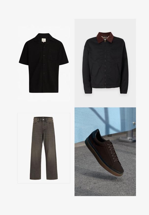 Crna jakna na zatvaranje sa rajsferšlusom i ovratnikom od smeškastog pamuka, sa dva prednja džepa i jednim džepom na grudima, prikazana na jednostavnoj beloj pozadini.; Crna majica kratkih rukava od teksturirane tkanine, s ovratnikom, prednjim gumbima i jednim džepom na prsima.; Široke traperice u tamnosivom denimu, s visokim strukom, klasičnim dizajnom s pet džepova i kontrastnim šavovima duž šavova.; Smeđe tenisice s glatkim nubuk gornjim dijelom, okruglim vrhom i crnim kožnim detaljima. Imaju smeđe vezice, gumeni potplat i suptilne perforirane detalje.
