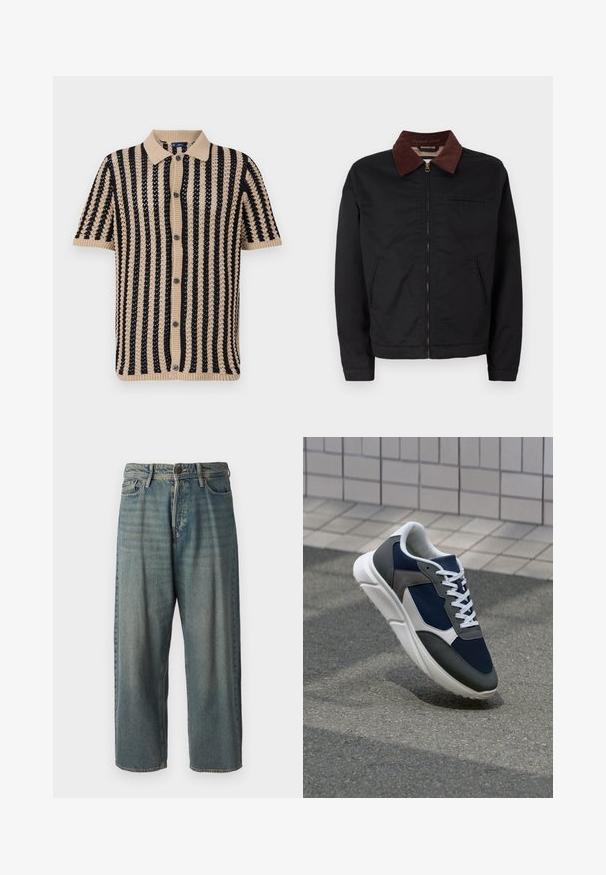 Crna jakna na zatvaranje sa rajsferšlusom i ovratnikom od smeškastog pamuka, sa dva prednja džepa i jednim džepom na grudima, prikazana na jednostavnoj beloj pozadini.; Pletena polo majica kratkih rukava u bež i crnoj boji, sa vertikalnim prugama, rebrastim okovratnikom i prednjim zatvaračem na dugmad. Teksturirana pletena tkanina.; Svijetloplave traperice s širokim krojem, srednjim pojasom i ravnim nogavicama. Ima pet džepova, petlje za remen i kopčanje na gumb.; Tenisice s gornjim dijelom od mrežastog materijala tamnoplave boje, siva antilopova naglašavanja, bijela gumena potplat i ravne bijele vezice, dizajnirane za udobnost i prozračnost.