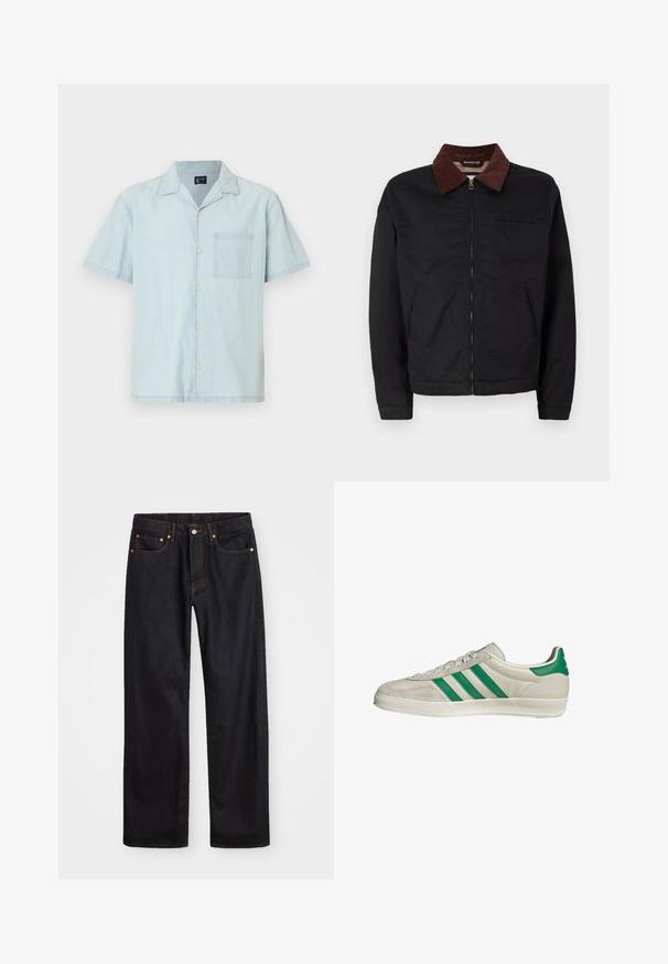 Schwarze Zip-Jacke mit braunem Cordkragen, zwei vorderen Taschen und einer Brusttasche, auf einem schlichten weißen Hintergrund präsentiert.; Helles blaues kurzärmliges Hemd aus leichtem Stoff, mit einem klassischen Kragen, Knöpfen vorne und einer linken Brusttasche.; Herren gerade geschnittene schwarze Jeans aus Denim mit fünf Taschen und orangefarbenen Nähten, Knopf- und Reißverschluss vorne am Bund.; Beige Sneaker mit grünen Streifen, ausgestattet mit einer weißen Sohle und einem Obermaterial aus glattem Leder. Seitenansicht, die die Schnürdetails und das Logo hervorhebt.