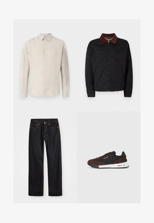 Jaqueta preta com fecho éclair, colarinho de veludo cotelê castanho, dois bolsos frontais e um bolso no peito, exibida sobre um fundo branco liso.; Camisa de linho bege claro, com colarinho pontiagudo, mangas longas e textura subtil; apresenta seis botões combinando à frente.; Calças de ganga pretas para homem, de pernas retas, com cinco bolsos e costura laranja, fecho de botão e zíper na cintura da frente.; Tommy Hilfiger RETRO RUNNER MIX - Sapatilhas - black/cocoa