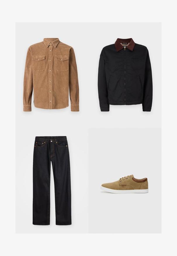 Chaqueta negra con cremallera y cuello de pana marrón, con dos bolsillos frontales y un bolsillo en el pecho, exhibida sobre un fondo blanco liso.; Camisa de pana marrón con cuello abotonado, dos bolsillos en el pecho y una superficie texturizada. Presenta cierre de botones y mangas largas.; Jeans de mezclilla negros de pierna recta para hombre, con cinco bolsillos y costuras en color naranja, cierre de botón y cremallera en la parte delantera de la cintura.; Zapatilla de ante marrón con suela de goma blanca, detalles de cuero marrón en el talón y ojales Plateados para los cordones. Diseño simple y redondeado.