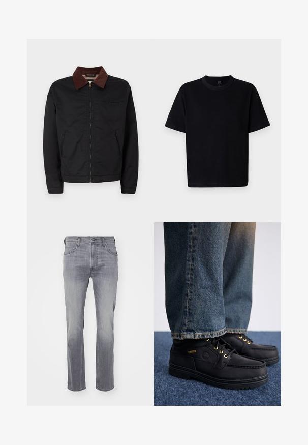 Giacca nera con zip, colletto in corduroy marrone, due tasche anteriori e una tasca sul petto, esibita su uno sfondo bianco semplice.; Maglietta nera in cotone con scollatura rotonda, maniche corte e taglio dritto. Presenta cuciture minime e una texture morbida e liscia.; I jeans in denim grigio presentano un design a gamba dritta, stile a cinque tasche e una finitura sbiadita. Il materiale ha una consistenza liscia e una leggera elasticità.; Scarpe di pelle nera con occhielli dorati e finitura testurizzata, abbinate a jeans denim blu. Le scarpe presentano una suola a strati e un dettaglio di branding.