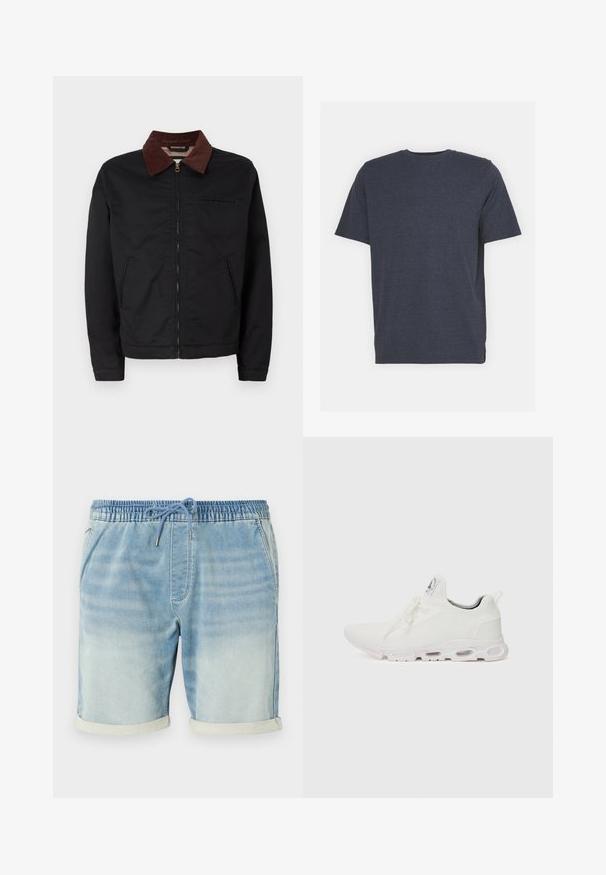 Black zip-up jacket with brown corduroy collar, two front pockets, and one chest pocket, displayed on a plain white background.; Navy blue crew neck t-shirt made of soft cotton blend fabric, with short sleeves and a regular fit. No visible patterns or accents.; Light blue denim shorts with an elastic waistband, drawstring closure, side pockets, and rolled hem accents. Smooth texture.; White athletic shoes featuring a textured knit upper, flat laces, and a cushioned sole with visible air chambers for added support.