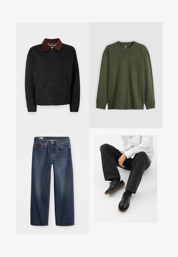 Jaqueta preta com fecho éclair, colarinho de veludo cotelê castanho, dois bolsos frontais e um bolso no peito, exibida sobre um fundo branco liso.; T-shirt de manga longa e gola redonda em algodão verde escuro. Apresenta um pequeno logótipo preto no peito e punhos canelados. Textura suave.; Jeans de denim azul escuro com corte reto, design de cinco bolsos, botão de metal e fecho de correr, e padrões sutis de desgaste.; Sneakers pretos com parte superior lisa e texturada, apresentando uma sola de borracha e atacadores escuros. Combinados com jeans pretos e uma camisa branca às riscas.