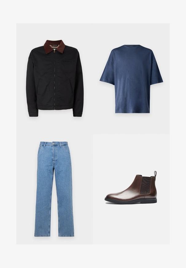 Veste zippée noire avec col en velours côtelé marron, deux poches avant et une poche poitrine, présentée sur un fond blanc uni.; T-shirt navy bleu à manches courtes, fabriqué en tissu doux, présente un col rond classique et une coupe décontractée, sans motifs ni accents visibles.; Jean en denim bleu clair à jambes droites avec un design classique à cinq poches, doté d'une fermeture à bouton à l'avant et de passants de ceinture. Texture lisse.; Zign LEATHER - Bottines - brown