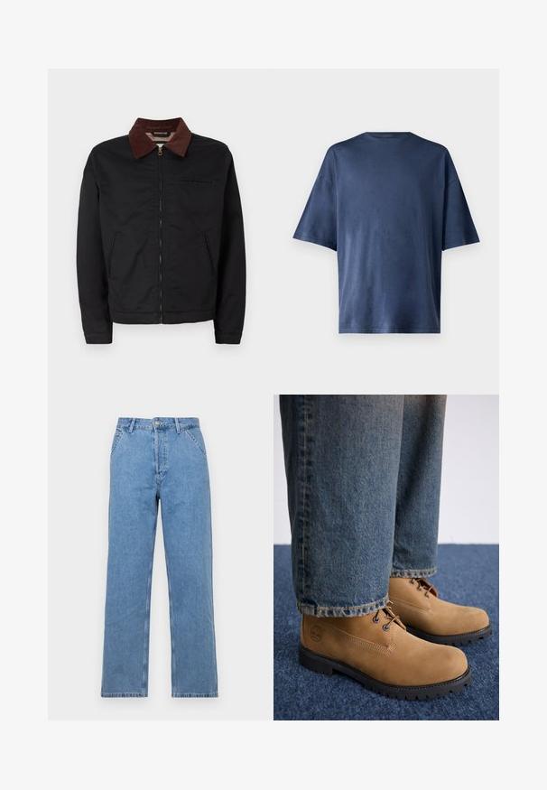 Svart zip-up jakke med brun kordfløyelskrage, to frontlommer og en brystlomme, vist mot en enkel hvit bakgrunn.; Marineblå kortermet T-skjorte, laget av myk stoff, har en klassisk rund hals og en avslappet passform, uten synlige mønstre eller aksenter.; Lyseblå denim rettslit jeans med klassisk fem-lomme design, med knappstenging foran og beltesløyfer. Glatt tekstur.; Timberland Snørestøvletter - medium beige