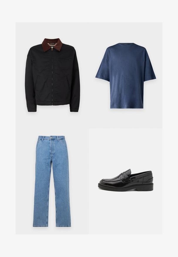 Veste zippée noire avec col en velours côtelé marron, deux poches avant et une poche poitrine, présentée sur un fond blanc uni.; T-shirt navy bleu à manches courtes, fabriqué en tissu doux, présente un col rond classique et une coupe décontractée, sans motifs ni accents visibles.; Jean en denim bleu clair à jambes droites avec un design classique à cinq poches, doté d'une fermeture à bouton à l'avant et de passants de ceinture. Texture lisse.; Mocassins en cuir noir avec une finition lisse, un bout rond, un petit talon et descoutures décoratives à l'avant. Semelle en caoutchouc pour l'adhérence.