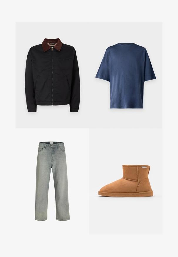 Schwarze Zip-Jacke mit braunem Cordkragen, zwei vorderen Taschen und einer Brusttasche, auf einem schlichten weißen Hintergrund präsentiert.; Marineblaue Kurzarm-T-Shirt aus weichem Stoff, mit klassischen Rundhalsausschnitt und lockerer Passform, ohne sichtbare Muster oder Akzente.; Hellgraue, locker sitzende Jeans aus Denim. Verfügt über ein klassisches Fünf-Taschen-Design, Gürtelschlaufen und eine gerade Bein-Silhouette.; Braune Wildleder-Stiefelette mit runder Zehenpartie, weicher Innenausstattung, gesteppten Details und Gummisohle. Markenschild an der Seite sichtbar.