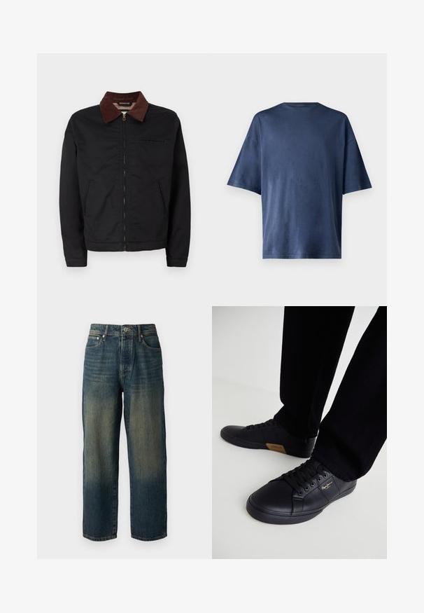 Black zip-up jacket with brown corduroy collar, two front pockets, and one chest pocket, displayed on a plain white background.; Navy blue short-sleeve T-shirt, made of soft fabric, features a classic crew neck and relaxed fit, with no visible patterns or accents.; Blue denim jeans with a straight cut, featuring a faded design with lighter shades towards the hem, five pockets, and a button closure.; Black leather sneakers with a sleek design, featuring a textured surface, round toe, and black laces. Gold logo detail on the side.