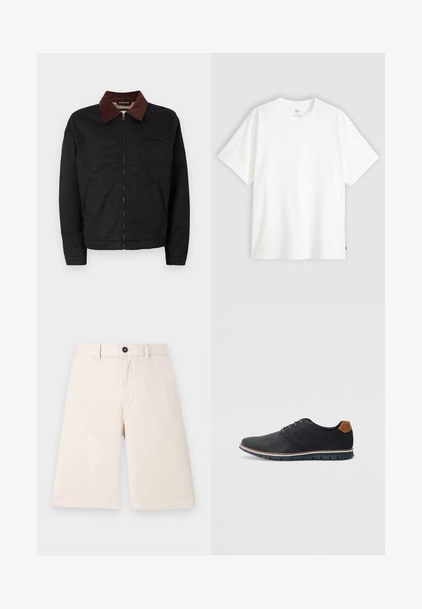 Μαύρο φερμουάρ μπουφάν με καφέ καστιλιέ κολάρο, δύο μπροστινές τσέπες και μία τσέπη στο στήθος, τοποθετημένο σε λευκό φόντο.; Λευκό κοντομάνικο μπλουζάκι φτιαγμένο από βαμβάκι με στρογγυλή λαιμόκοψη. Διαθέτει υποτυπώδη ανάγλυφο λογότυπο μπροστά και κόκκινη ετικέτα στο στρίφωμα.; Μπεζ βαμβακερές βερμούδες με ευθεία γραμμή, διαθέτουν κλείσιμο με κουμπί και θηλύκια ζώνης. Λείο υλικό χωρίς σχέδια ή διακοσμητικά στοιχεία.; Μαύρα συνθετικά παπούτσια με υφή στην επάνω πλευρά, λεία διακοσμητικά στοιχεία, καφέ τακούνι και αντίθετη σόλα. Διαθέτουν ελάχιστο κορδόνια και λεπτομέρειες ραφής.