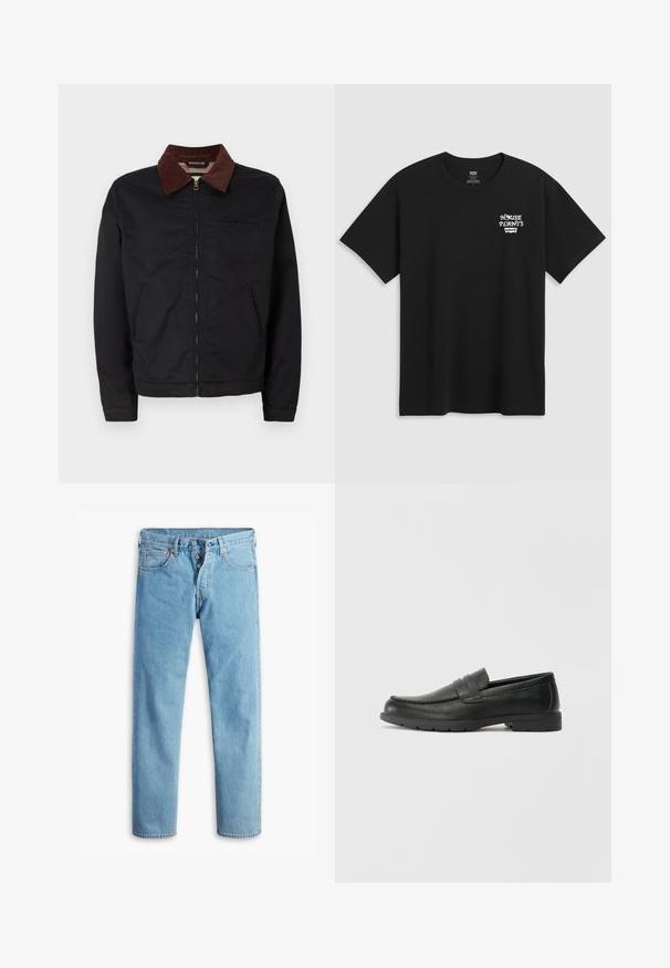 Črna zip-up jakna z rjavim žametnim ovratnikom, z dvema sprednjima žepoma in enim žepom na prsih, prikazana na enobarvni beli podlagi.; Črna bombažna majica s tiskom na prsih, ki prebere "HOUSE PLANTS" v beli stilizirani pisavi, pod njim pa je zapisano "Levi's". Klasičen kroj z okroglim izrezom.; Svijetloplave traperice ravnog kroja, s pet džepova i dugmetom za zatvaranje. Imaju dekorativne šavove i kontrastne šavove oko džepova.; Črne usnjene loafer čevlje z gladko površino, zgornjim delom v slogu mokasin, šivanimi detajli in gumijastim podplatom. Klasična zasnova z nizko peto.