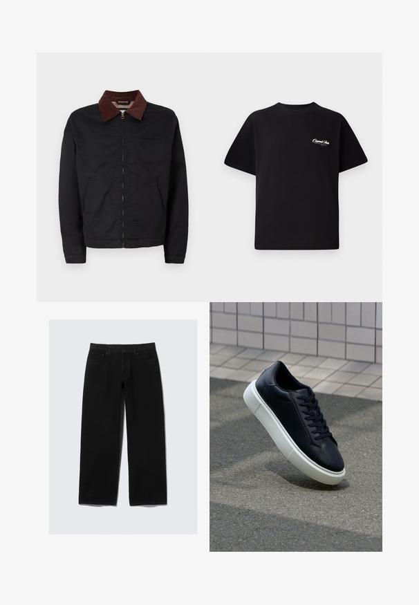 Jaqueta preta com fecho éclair, colarinho de veludo cotelê castanho, dois bolsos frontais e um bolso no peito, exibida sobre um fundo branco liso.; T-shirt de algodão preto com decote redondo, mangas curtas e pequeno texto de logo branco no lado esquerdo do peito. Design simples, corte clássico.; Calças de ganga largas e pretas. Apresentam um design clássico de cinco bolsos, fecho de botão e zipper, e costura reforçada.; Sapatilha de couro preto com bico arredondado e sola de borracha branca. Apresenta atacadores planos e costuras mínimas na parte superior. Sola texturizada para melhor aderência.