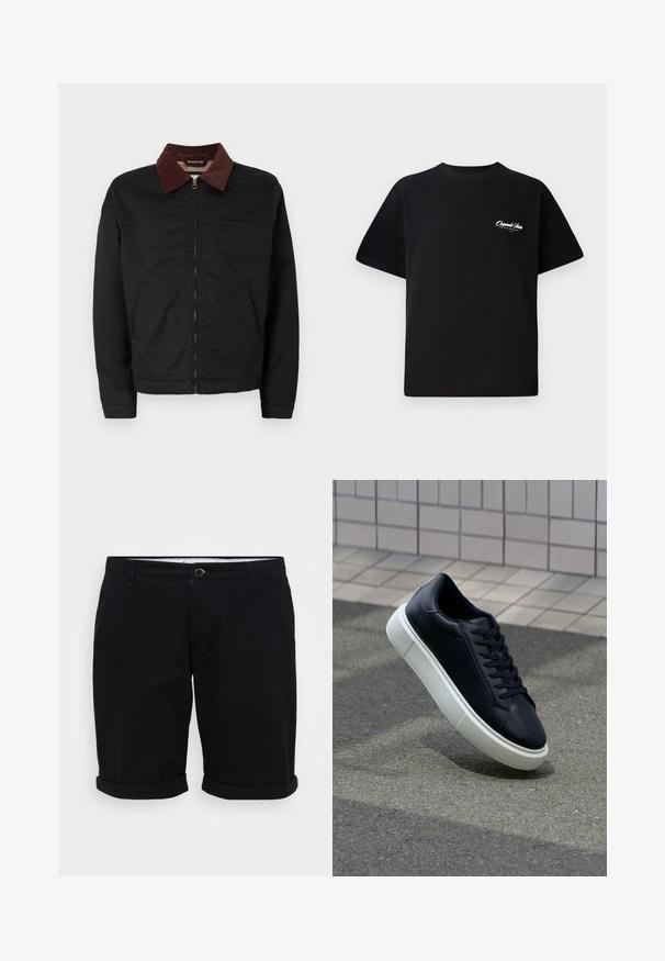 Melnas zip-up jaka ar brūnu korduroja apkakli, divām priekšējām kabatām un vienu krūšu kabatu, izvietota uz vienkārša balta fona.; Melnas kokvilnas t-krekls ar apaļu kakla izgriezumu, īsām piedurknēm un maziem baltiem logotipa uzrakstiem kreisajā krūšu daļā. Vienkāršs dizains, klasiskā piegriezne.; Melnas kokvilnas šortus ar taisnu piegriezumu, ruļļveida piedurknēm un priekšējo pogu aizdari. Iekļauj kabatas un rakstu iekšējo jostasvietu.; Melnas ādas kedas ar noapaļotu pirkstu un baltu gumijas zoli. Iespējas - plakanas šņorītes un minimāla apdare augšdaļā. Struktūrēta zole, lai nodrošinātu saķeri.