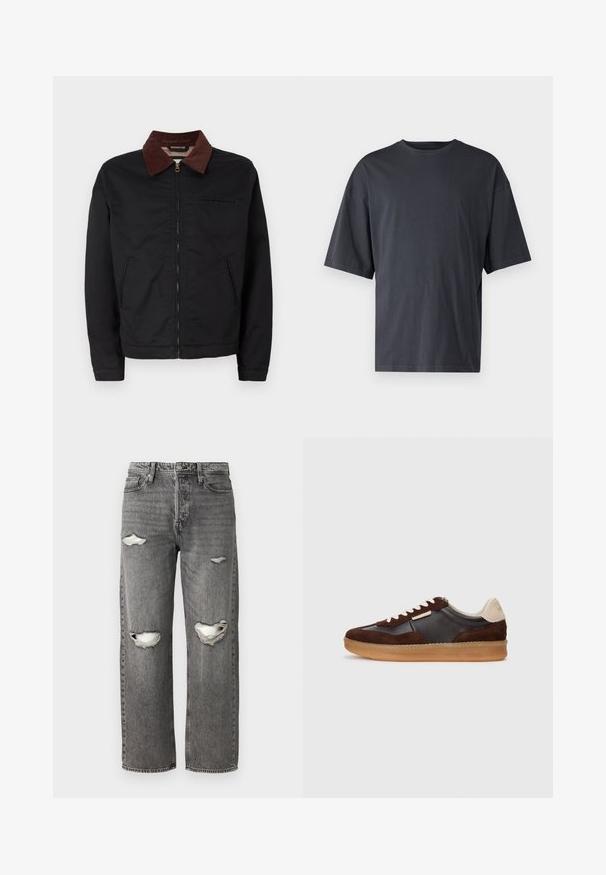 Juodas užtrauktukas striukė su rudų kordūro apykakle, dviem priekinėm kišenėm ir viena krūtinės kišene, pristatyta ant paprasto balto fono.; Tamsiai pilkas trumpas rankovėmis marškinėliai, pagaminti iš lengvos medvilnės, su laisvu kirpimu ir klasikinės apvalios iškirptės dizainu, be raštų ir su vientisu paviršiumi.; Pilki džinsai su laisvu siluetu, su suplėšytais keliais, klasikinis penkių kišenių dizainas ir užtrauktuko uždarymas.; Rudas zomšinės ir odinės sportiniai bateliai su guminėmis padangomis, su grietinėlės akcentais ir baltais raišteliais. Suapvalinta noselė ir minimalus dizainas.