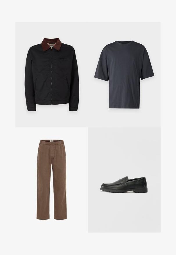 Crna jakna na zatvaranje sa rajsferšlusom i ovratnikom od smeškastog pamuka, sa dva prednja džepa i jednim džepom na grudima, prikazana na jednostavnoj beloj pozadini.; Tamno siva kratka majica s kratkim rukavima, izrađena od laganog pamuka, s opuštenim krojem i klasičnim okruglim izrezom, bez uzoraka i teksta.; Smeđe, široke hlače od mekog pamuka. Imaju elastičnu regulačiju u struku i ravni kroj bez vidljivih džepova.; Crne kožne mokasine s glatkom površinom, gornji dio u stilu mokasina, ojačani šavovi i gumeni potplat. Klasičan dizajn s niskom petom.