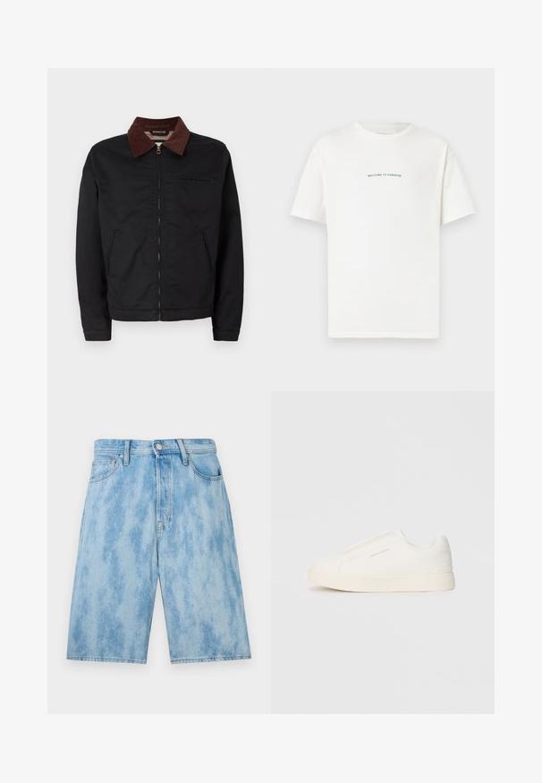 Juodas užtrauktukas striukė su rudų kordūro apykakle, dviem priekinėm kišenėm ir viena krūtinės kišene, pristatyta ant paprasto balto fono.; Balta medvilninė marškinėliai trumpomis rankovėmis ir apvaliu iškirpimu. Viduryje esantis tekstas sako "SVEIKI ATVYKĘ Į PARADISĄ" kreiptu žaliu šriftu.; Šviesiai mėlyni džinsiniai šortai su išblukusiu skalbimu, turintys standartinio pločio juosmenį, priekinės kišenės ir laisvą siluetą. Nėra pastebimų raštų ar detalių.; Baltos slip-on sportbačiai su tekstūruota paviršiumi, storesniu padu ir minimalistišku dizainu. Šone matosi prekės ženklo logotipas.