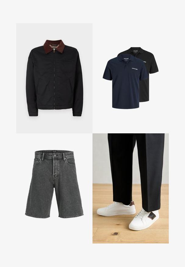 Veste zippée noire avec col en velours côtelé marron, deux poches avant et une poche poitrine, présentée sur un fond blanc uni.; Deux polos : un bleu marine avec un logo blanc et un noir. Les deux présentent un col classique et des manches courtes, fabriqués en tissu léger.; Shorts en denim noir avec une coupe décontractée, dotés d'une fermeture à bouton, de deux poches avant et d'un motif légèrement décoloré. Design classique à cinq poches.; Des sneakers blanches au texture lisse, avec des accents en cuir marron et des détails noirs, assorties à un pantalon noir ajusté. Fond en parquet.