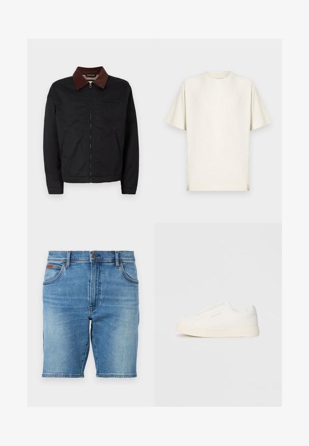 Černá zipová bunda s hnědým kordovým límcem, dvěma předními kapsami a jednou náprsní kapsou, vystavená na jednoduchém bílém pozadí.; Krémově zbarvené žebrované tričko s krátkým rukávem a kulatým výstřihem, volnějšího střihu, zobrazené na jednobarevném světlém pozadí.; Džínové šortky v světle modré barvě, s rovnýcm střihem, pěti kapsami a zapínáním na knoflíky. Lehké vyblednutí látky dodává texturu.; Bílé slip-on tenisky s texturovaným povrchem, silnou podešví a minimalistickým designem. Na boku je umístěno logo značky.