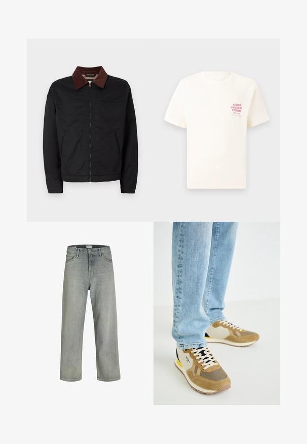 Crna jakna na zatvaranje sa rajsferšlusom i ovratnikom od smeškastog pamuka, sa dva prednja džepa i jednim džepom na grudima, prikazana na jednostavnoj beloj pozadini.; Bijela kratka majica s kratkim rukavima s crvenim natpisom "Studio Originals Edition" na lijevoj strani grudi, prikazana na neutralnoj sivoj pozadini.; Svijetlosive, široke traperice napravljene od denima. Imaju klasičan dizajn s pet džepova, petlje za remen i ravni kroj nogavica.; Tenisice u bež i krem boji s mrežastim i nubuk materijalima, s uzorkom na prstima, kontrastnim mornarsko plavim naglascima i teksturiranom potplatom.