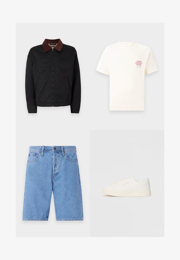 Schwarze Zip-Jacke mit braunem Cordkragen, zwei vorderen Taschen und einer Brusttasche, auf einem schlichten weißen Hintergrund präsentiert.; Weißes T-Shirt mit kurzen Ärmeln und rotem Text "Studio Originals Edition" auf der linken Brust, präsentiert vor einem neutralen grauen Hintergrund.; Helle blaue Denim-Shorts mit klassischem Fünf-Taschen-Design, Knopfverschluss und geradem Bein. Sie verfügen über eine ausgewaschene Textur und Nähte als Akzent.; Weiße Slip-On-Sneaker mit einer strukturierten Oberfläche, dicker Sohle und minimalistischem Design. Mit Logo der Marke an der Seite.