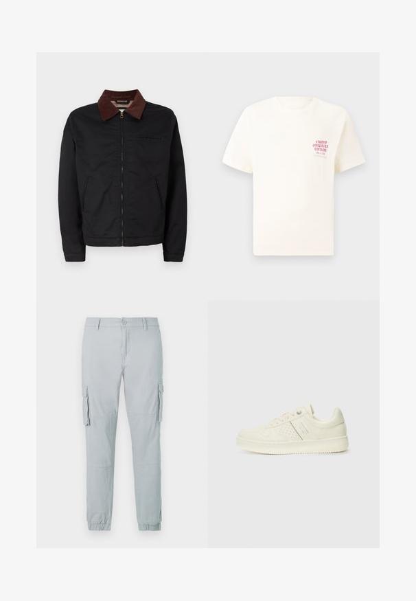 Sort lynlåsjakke med brunt corduroy-krave, to frontlommer og en brystlomme, vist på en ensfarvet hvid baggrund.; Hvid kortermet T-shirt med rød tekst "Studio Originals Edition" på venstre bryst, vist på en neutral grå baggrund.; Lysegrå cargo bukser med frontknap, sidelommer med klap, knæsyninger og elastiske manchetter ved anklerne.; Cremefarvet sneaker med perforeret detaljering, snørebånd og logo på siden, præsenteret mod en simpel hvid baggrund.