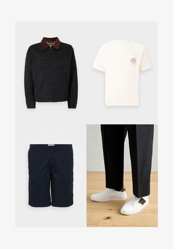 Veste zippée noire avec col en velours côtelé marron, deux poches avant et une poche poitrine, présentée sur un fond blanc uni.; T-shirt blanc à manches courtes avec le texte rouge "Édition Originals du Studio" sur la poitrine gauche, présenté sur un fond gris neutre.; Shorts cargo navy en tissu léger, dotés de deux poches latérales, de passants de ceinture et d'une coupe droite. Design simple avec un minimum de coutures.; Des sneakers blanches au texture lisse, avec des accents en cuir marron et des détails noirs, assorties à un pantalon noir ajusté. Fond en parquet.