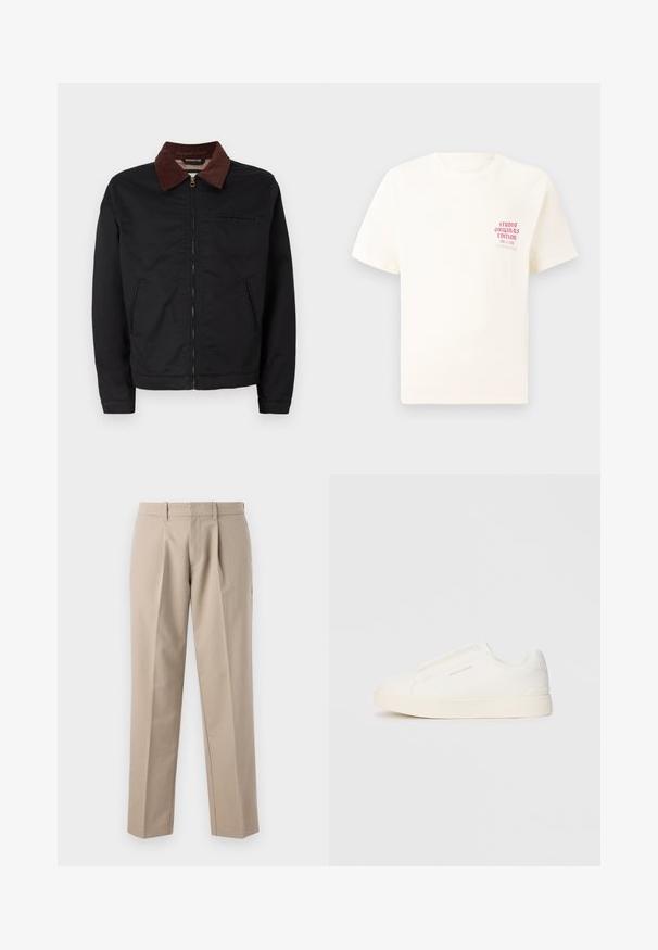 Zwarte ritsjack met bruine corduroy kraag, twee voorzakken en één borstzak, weergegeven op een effen witte achtergrond.; Witte T-shirt met korte mouwen met rode tekst "Studio Originals Edition" op de linker borst, weergegeven op een neutrale grijze achtergrond.; Beige broek met een rechte pijpdesign, voorzien van voorplooien, een gladde textuur en een standaard tailleband met riemlussen.; Witte instap sneakers met een gestructureerd oppervlak, een dikke zool en een minimalistisch ontwerp. Bevat het merklogo aan de zijkant.