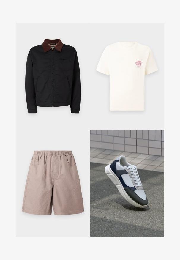 Jaqueta preta com fecho éclair, colarinho de veludo cotelê castanho, dois bolsos frontais e um bolso no peito, exibida sobre um fundo branco liso.; T-shirt branca de mangas curtas com o texto vermelho "Edição Originais do Estúdio" no lado esquerdo do peito, apresentada sobre um fundo cinza neutro.; Calções de algodão bege com um cós elástico, dois bolsos laterais e detalhes de costura discretos. Textura suave, design até ao joelho.; Sapatilhas brancas, azuis-marinho e cinzas com um design de materiais mistos, apresentando uma parte superior texturizada, atacadores planos e uma sola acolchoada.