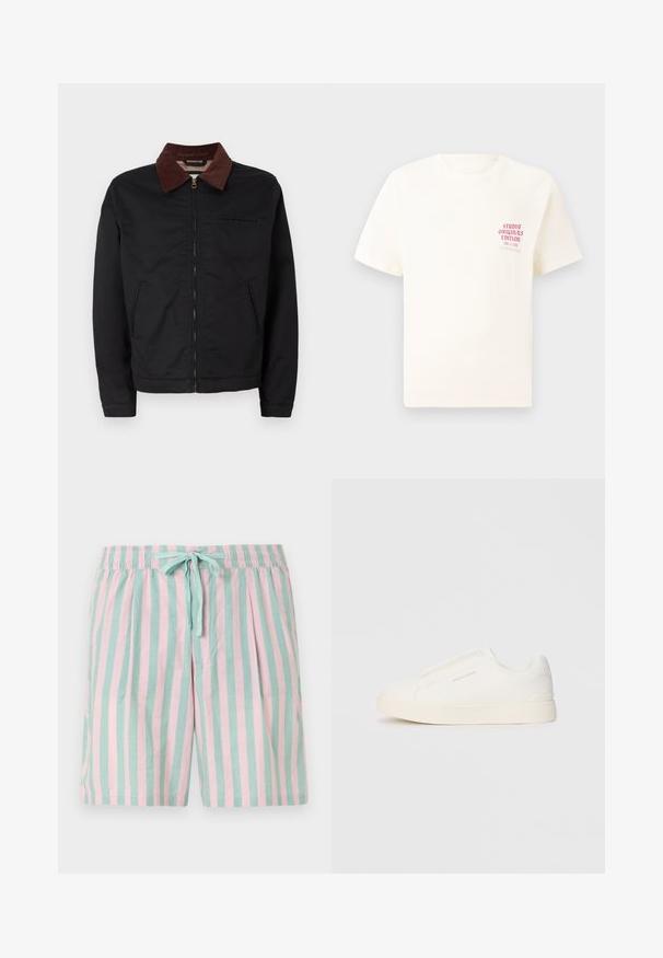 Giacca nera con zip, colletto in corduroy marrone, due tasche anteriori e una tasca sul petto, esibita su uno sfondo bianco semplice.; T-shirt bianco a maniche corte con testo rosso "Studio Originals Edition" sul lato sinistro del petto, esposto su uno sfondo grigio neutro.; Pantaloni corti leggeri a righe con strisce verticali alternate in teal e rosa, vita elastica e dettaglio con fiocco frontale.; Sneakers bianchi slip-on con superficie texturizzata, suola spessa e design minimalista. Presentano il logo del marchio sul lato.