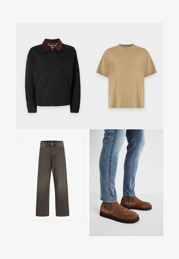 Must must ülikond, millel on pruun puuvillane krae, kaks eesmist taskut ja üks rinnatasku, esitletud tavalise valge tausta taustal.; Khaki lühikeste varrukatega T-särk, mis on valmistatud pehmest kangast, ümara kaelusega ja mugava lõikega. Mustreid ega graafikat pole.; Laia säärtega sinimustad teksad tumeda halli denimi, kõrge talje, klassikalise viie tasku disaini ning kontrastsete õmblustega õmblustel.; Pruunist sametist pahkluu saapad elastsete külgpaneelidega, paks must kummitall, koos helesiniste kitsaste teksadega.