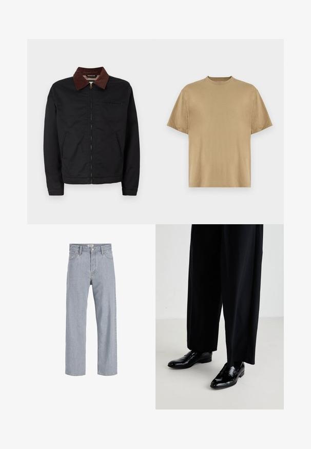 Črna zip-up jakna z rjavim žametnim ovratnikom, z dvema sprednjima žepoma in enim žepom na prsih, prikazana na enobarvni beli podlagi.; Khaki majica s kratkimi rokavi, izdelana iz mehkega materiala, z okroglo ovratnico in sproščenim krojem. Brez vzorcev ali grafik.; Svetlo modri kavbojki s sproščenim krojem, naravnost oblikovani nogi, vidnimi šivi, dvema sprednjima žepoma in gumbnim zapiranjem.; Črne usnjene oblečne čevlje z sijajno površino, ki imajo gladek nos in nizko peto, v kombinaciji z ohlapnimi črnimi hlačami.