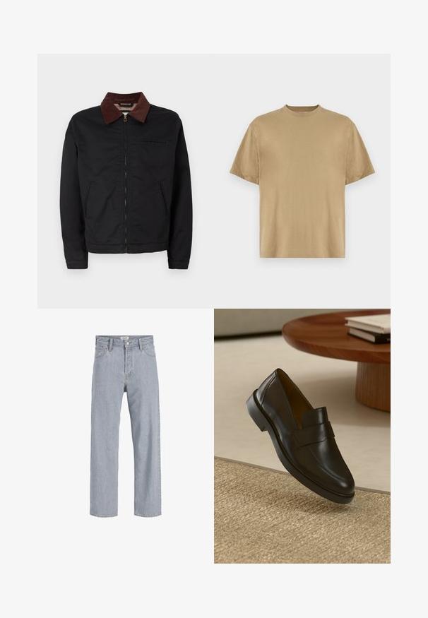 Svart zip-up jakke med brun kordfløyelskrage, to frontlommer og en brystlomme, vist mot en enkel hvit bakgrunn.; Khaki kortermet T-skjorte laget av mykt stoff, med rund hals og en avslappet passform. Ingen mønstre eller grafikk er synlige.; Lyseblå denimbukser med avslappet passform, rett ben-design, synlige sømmer, to frontlommer og knappelukking.; Sorte skinnloafers med glatt overflate, rund tå og dekorativ stropp over vristen. Lav gummihæl, plassert mot en teksturert overflate.