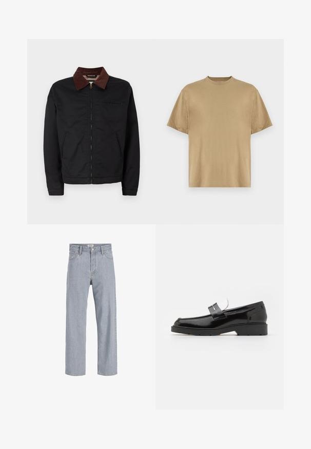Juodas užtrauktukas striukė su rudų kordūro apykakle, dviem priekinėm kišenėm ir viena krūtinės kišene, pristatyta ant paprasto balto fono.; Kaki trumpas rankovėmis marškinėliai, pagaminti iš minkštos medžiagos, su apvaliu iškirpimu ir laisvu siluetu. Nėra matomų raštų ar grafikos.; Šviesiai mėlynos džinsinės kelnės su laisvu siluetu, tiesiomis kojomis, matomomis siūlėmis, dviem priekiniams kišenėmis ir mygtukų užtrauktuku.; Juodos lakuotos odos loaferiai su suapvalintu pirštu, turintys sidabrinę sagties detalę ir tekstūruotu juodu guminiu padu.