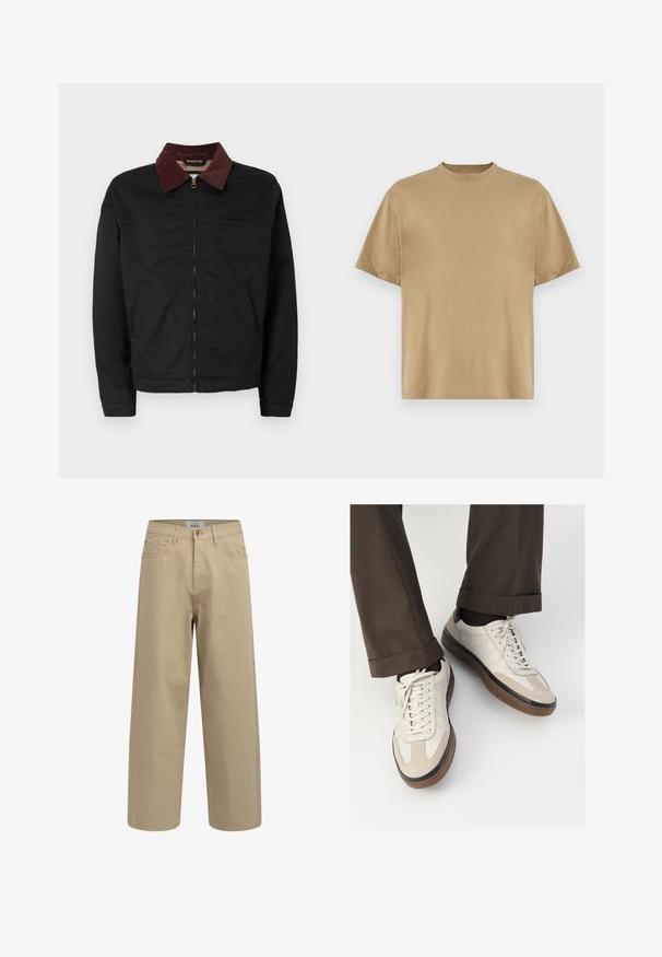 Black zip-up jacket with brown corduroy collar, two front pockets, and one chest pocket, displayed on a plain white background.; Khaki short-sleeve T-shirt made of soft fabric, featuring a round neckline and a relaxed fit. No patterns or graphics are visible.; Beige wide-leg trousers made from cotton fabric. Features a button fly, belt loops, and front pockets. Smooth texture with no visible patterns.; Beige sneakers with a textured suede front, smooth leather sides, and a brown rubber sole. Laces and light stitching detail included.