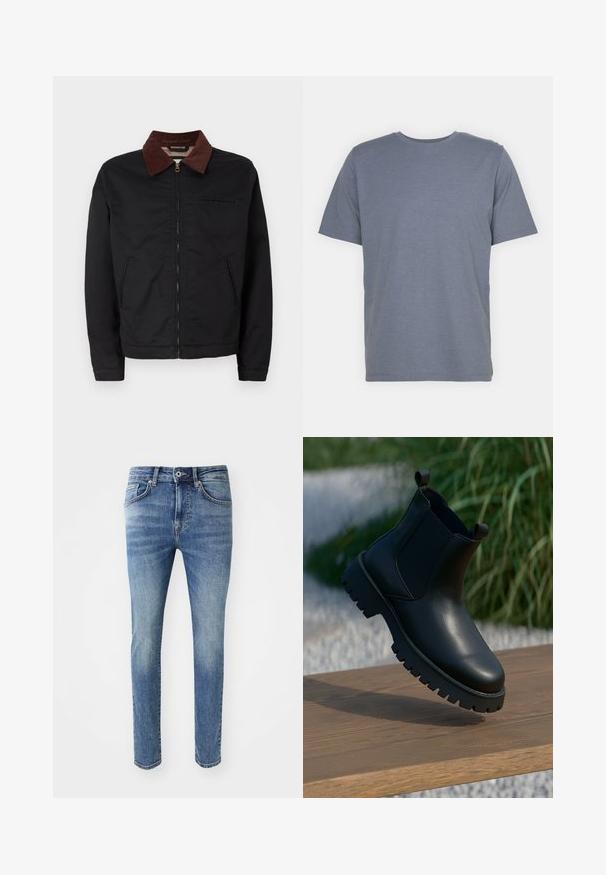 Chaqueta negra con cremallera y cuello de pana marrón, con dos bolsillos frontales y un bolsillo en el pecho, exhibida sobre un fondo blanco liso.; Camiseta gris de manga corta con cuello redondo, hecha de una suave mezcla de algodón. Diseño simple, sin patrones ni acentos.; Jeans de mezclilla azul claro desgastados con corte ajustado, cinco bolsillos, cremallera y cierre de botón metálico en la cintura.; Botas de tobillo de cuero negro con paneles laterales elásticos, punta redonda y suela de taco grueso, exhibidas sobre una superficie de madera.