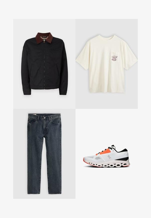 Sort lynlåsjakke med brunt corduroy-krave, to frontlommer og en brystlomme, vist på en ensfarvet hvid baggrund.; Off-white bomuld t-shirt med korte ærmer, der har en venstre brystlomme samt vinrød grafisk tekst og design. Løs pasform og rund hals.; Mørkeblå denimjeans med lige ben-design, fem lommer og knap-lynlås. Stoffet viser en subtil falmning og tekstur.; Hvid træningssko med sorte og orange accenter, mesh-overdel, polstret sål og et særpræget udskæringsdesign for åndbarhed og støtte.