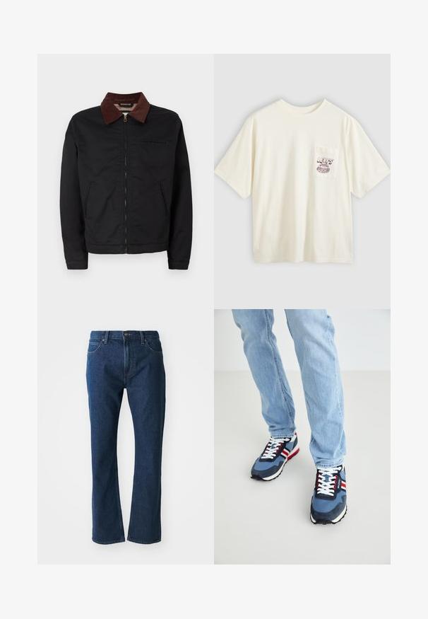 Melnas zip-up jaka ar brūnu korduroja apkakli, divām priekšējām kabatām un vienu krūšu kabatu, izvietota uz vienkārša balta fona.; Gaiši bēša kokvilnas T-krekls ar īsām piedurknēm, kreisajā krūšu pusē kabata un bordo grafiskais teksts un dizains. Brīvs siluets ar apaļu apkakli.; Tumši zila džinsu auduma bikses ar taisnu kāju griezumu, priekšējo pogu un rāvējslēdzēja aizdari, jostas cilpām, kā arī priekšējiem un aizmugurējiem kabatām.; Zili sporta apavi, kas izgatavoti no zamšādas un sieta. Iezīmes baltas šņores, sarkanas un baltas svītras, kā arī strukturēta melna gumijas zole.