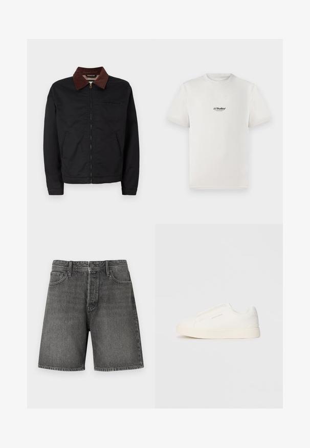 Crna jakna na zatvaranje sa rajsferšlusom i ovratnikom od smeškastog pamuka, sa dva prednja džepa i jednim džepom na grudima, prikazana na jednostavnoj beloj pozadini.; Bijela pamučna majica s kratkim rukavima, na kojoj se nalazi crni logo "JJ Studios" na prsima. Ima okrugli izrez i standardni kroj.; Tamno sive traperice kratke hlače s klasičnim dizajnom pet džepova, zatvaranjem na dugme i patentni zatvarač, ravnog kroja i blagim izblijedjelim teksturom kroz cijeli materijal.; Bijele slip-on tenisice s teksturiranom površinom, debelim đonom i minimalističkim dizajnom. Sadrže logo branda sa strane.